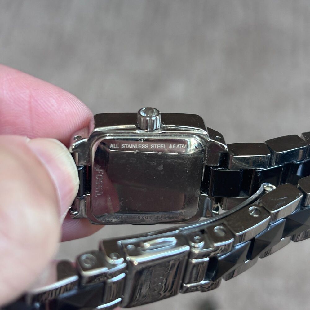 Fossil Silver Tone Stainless Steel Black Accent Watch Women Bling Adjustable - Picture 6 of 8